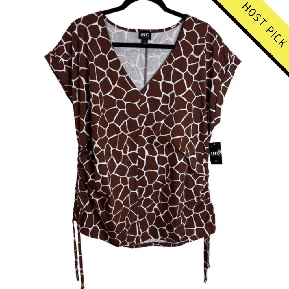 INC International Concepts Brown and White Giraffe-Print V-Neck Tank Top